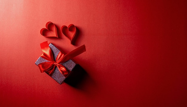 Tema rojo del día de san valentín con caja de regalo envuelta con cinta y corazones de papel