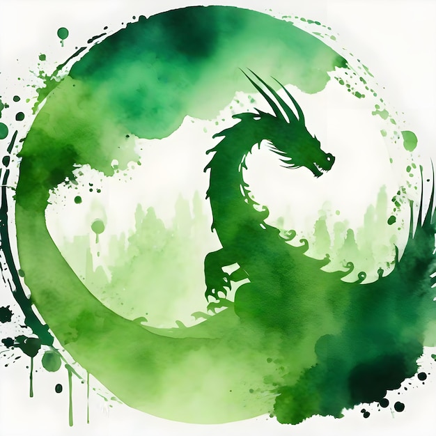 Tema de silueta de dragón verde burbuja redonda que gotea ilustración de diseño de tinta acuarela