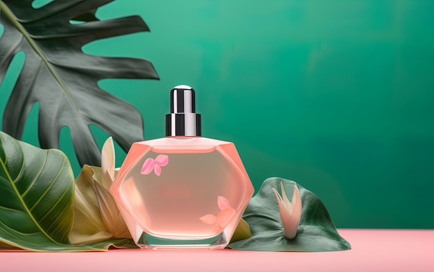 Tema tropical Maqueta de botella de perfume de vidrio elegante y refinado