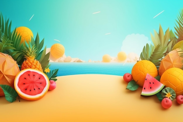 Tema tropical vibrante de fundo de verão realista com vista para o mar e palmeiras