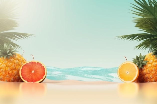 Tema tropical vibrante de fundo de verão realista com vista para o mar e palmeiras