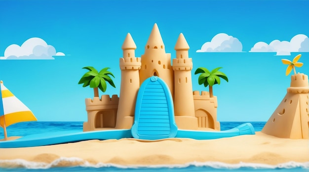 Tema de verano con tablas de surf y castillos de arena sobre un fondo azul brillante de Generative AI