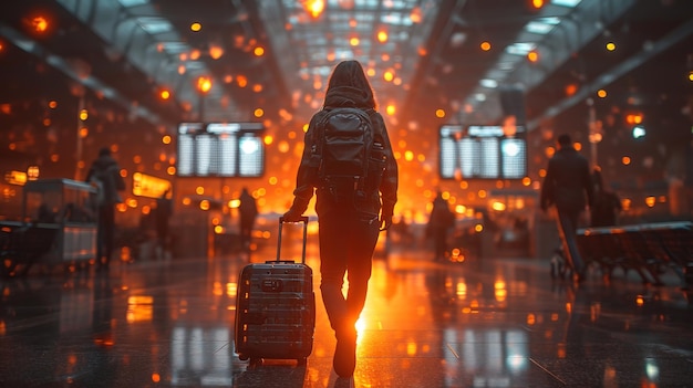 Tema viajes transporte público mujer joven de pie con la espalda detrás con la mochila