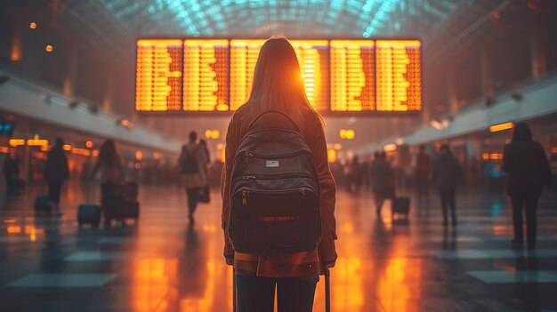 Tema viajes transporte público mujer joven de pie con la espalda detrás con la mochila