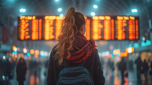 Foto tema viajes transporte público mujer joven de pie con la espalda detrás con la mochila