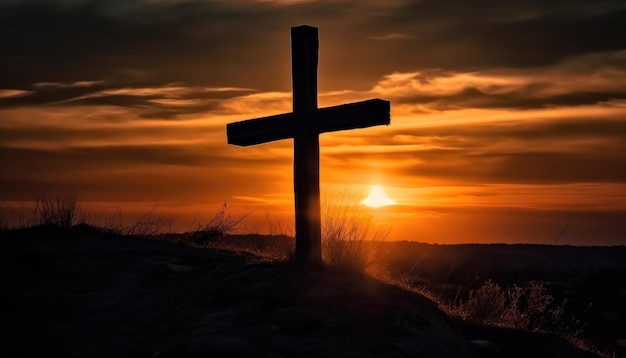 Tema del viernes santo con silueta cruzada en el cielo dorado del atardecer IA generativa