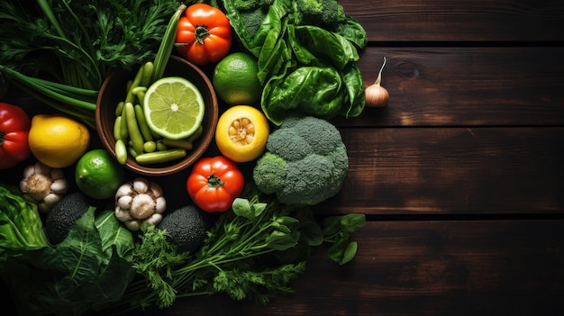 Foto temas de comida vegana tábua de topo vista de fundo de uma variação de vegetais verdes com estetoscópio