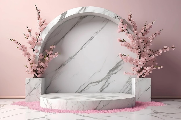 Temática 3D de flores de cerejeira com fundo de exibição de produto com pétalas de pódio de pedra de mármore e ramo de sakura fora da parede do arco