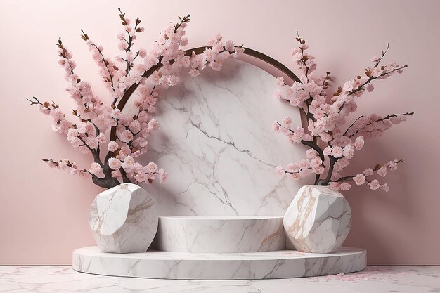 Temática 3D de flores de cerejeira com fundo de exibição de produto com pétalas de pódio de pedra de mármore e ramo de sakura fora da parede do arco