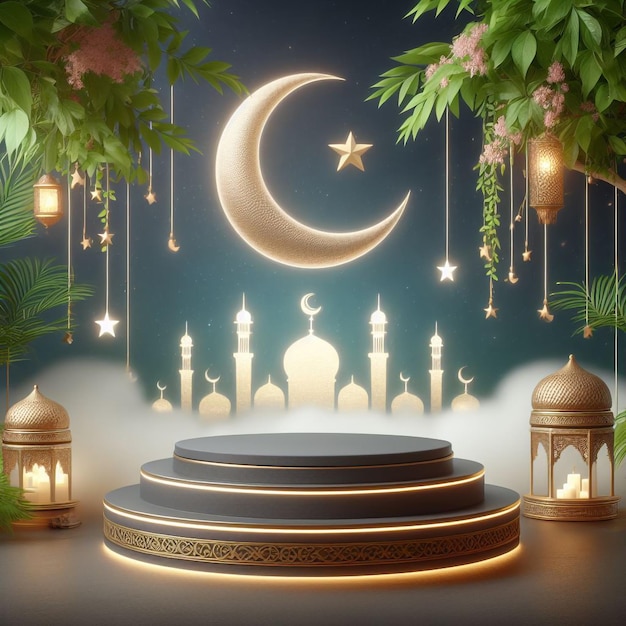 Temática de Ramadã produto pódio fundo AI gerado