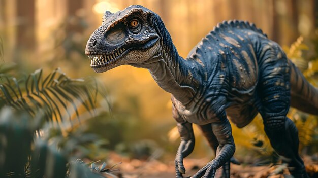 Un temible dinosaurio se alza en la jungla sus afilados dientes y garras brillan a la luz del sol