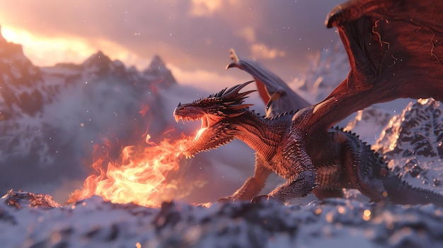 Foto un temible dragón se alza en la cima de una montaña nevada sus alas extendidas y su cola enroscada detrás de él