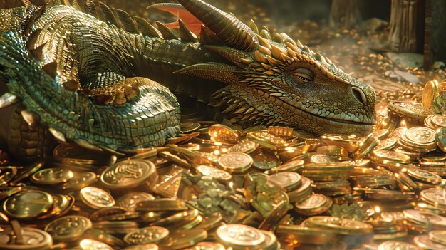 Foto un temible dragón verde duerme en una enorme pila de monedas de oro en su guarida subterránea