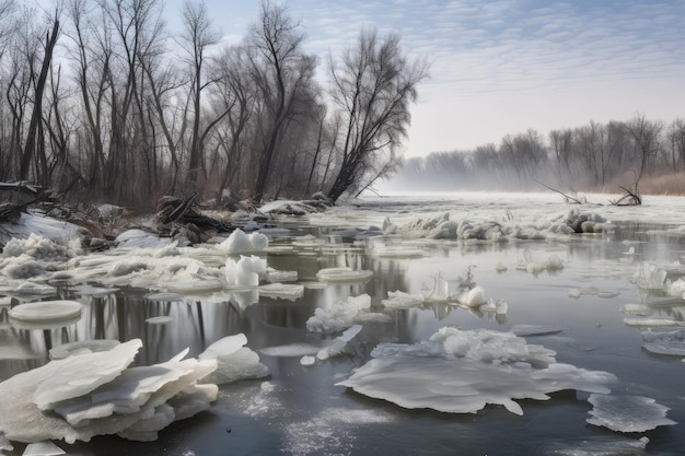 Témpano de hielo a la deriva río abajo pasando por árboles y rocas congelados