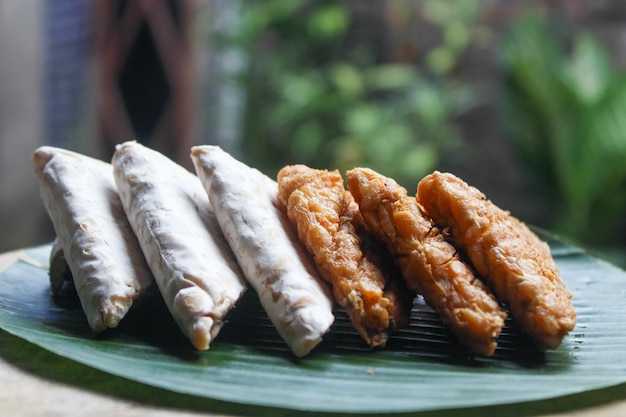 tempeh frito fatiado e soja fermentada