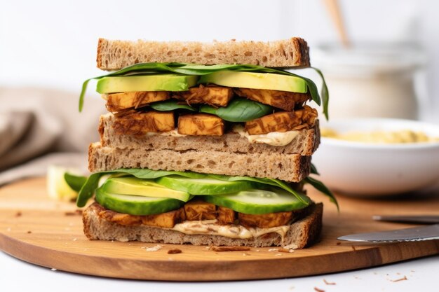 Tempeh-Sandwich mit Avocado und Gurke geschichtet