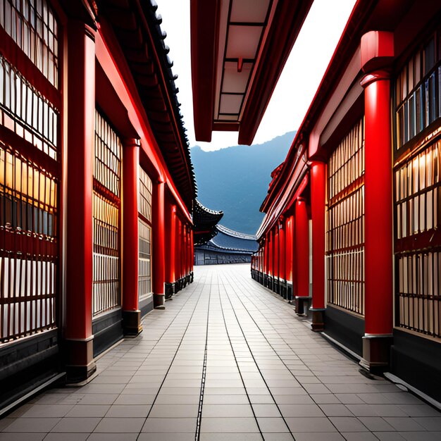 Tempelberge Sonnenaufgang Pagode Nebel Kiefern traditionelle Architektur Asien Ruhe