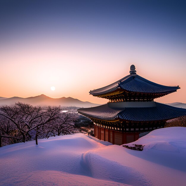 Tempelberge Sonnenaufgang Pagode Nebel Kiefern traditionelle Architektur Asien Ruhe