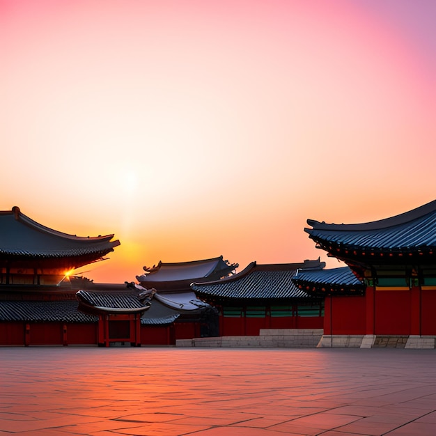 Tempelberge Sonnenaufgang Pagode Nebel Kiefern traditionelle Architektur Asien Ruhe