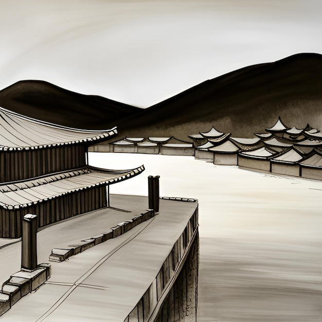Tempelberge Sonnenaufgang Pagode Nebel Kiefern traditionelle Architektur Asien Ruhe