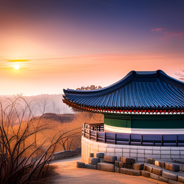 Tempelberge Sonnenaufgang Pagode Nebel Kiefern traditionelle Architektur Asien Ruhe