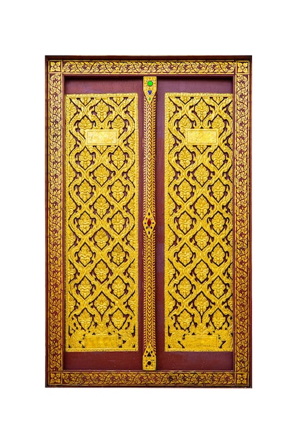 Tempeltür im thailändischen Stil, Holzgravur, Handarbeit, goldene Farbe