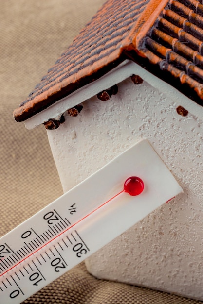 Temperatura de medição do termômetro por uma casa modelo