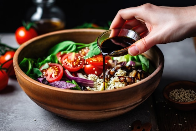 Tempere à mão uma tigela de quinoa com vinagre balsâmico