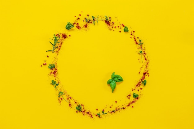 Foto temperos na mesa, servidos em um prato redondo no fundo amarelo