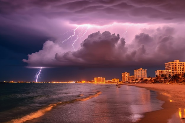 Tempestad de truenos sobre una ciudad de la playa