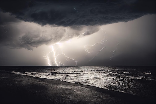 Tempestade com relâmpagos brilhantes acima das nuvens de tempestade de água do mar em lindo céu