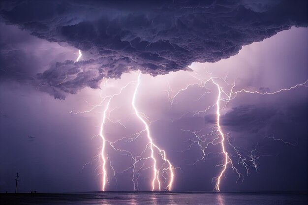 Tempestade com relâmpagos brilhantes acima das nuvens de tempestade de água do mar em lindo céu