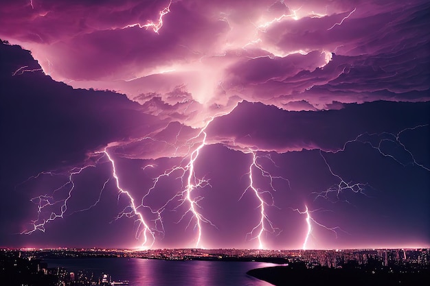 Tempestade com relâmpagos no céu tempestuoso acima da ilustração digital do fundo do clima dramático da cidade