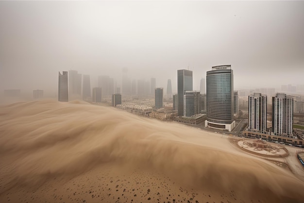 Tempestade de areia caindo sobre uma cidade moderna com prédios e arranha-céus em primeiro plano