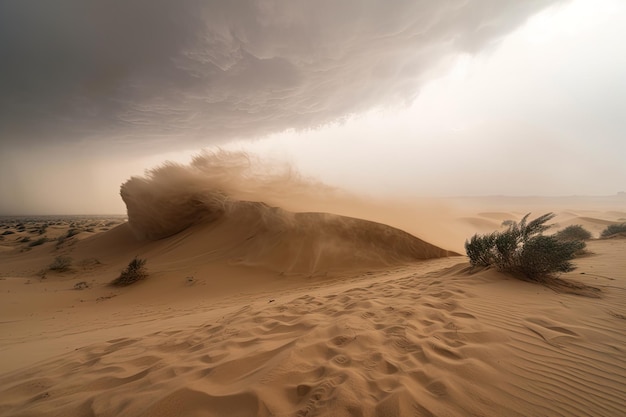 Tempestade de areia envolvendo dunas imponentes e deserto sem fim