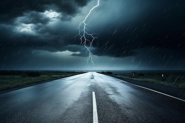 Tempestade de chuva na estrada de asfalto