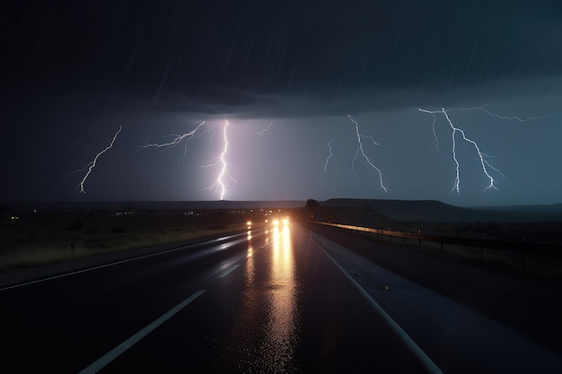 Tempestade de relâmpagos na estrada