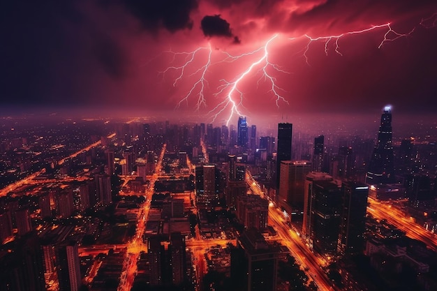 Tempestade de relâmpagos sobre a cidade em luz vermelha imagem conceitual do tempo IA geradora