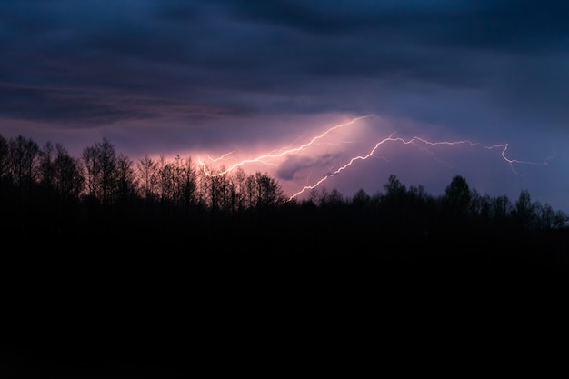 Tempestade de trovões de verão colorido sobre a floresta à noite. Luzes espetaculares no céu