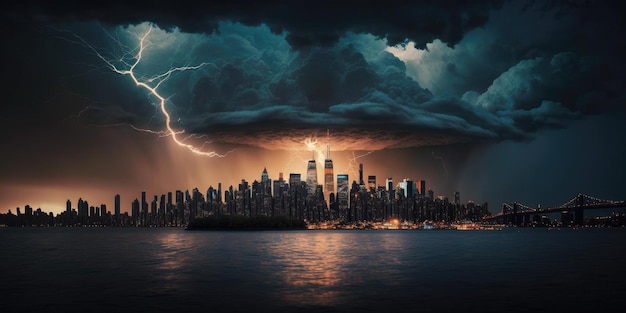 Tempestade destrutiva e poderosa atinge a cidade da metrópole com raio