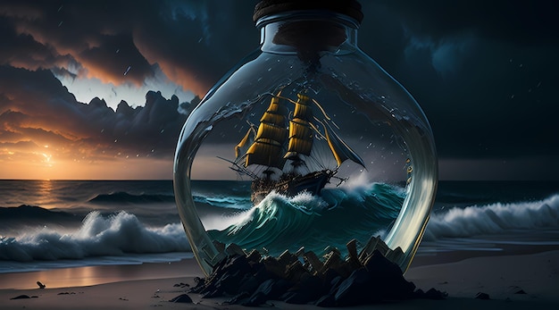 Tempestade dramática de cativeiro e navio pirata fechado em vidro