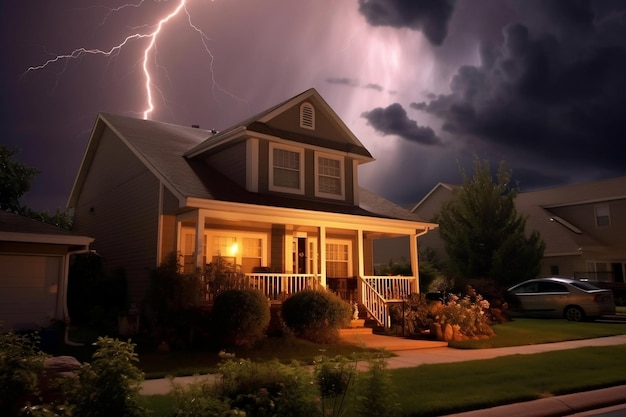 Tempestade iluminando uma casa suburbana AI