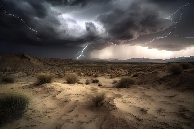 Tempestade no deserto com nuvens escuras e relâmpagos à distância