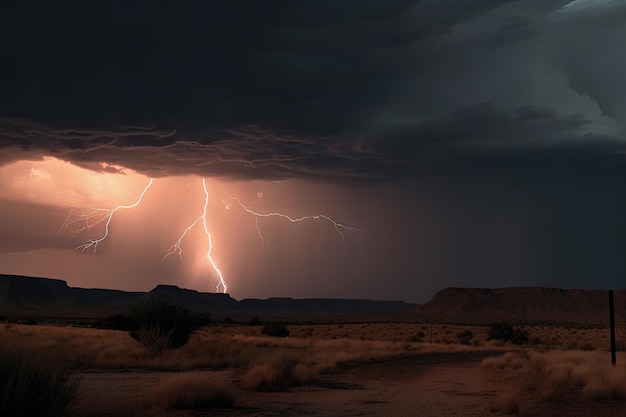 Tempestade no deserto com raios e trovões iluminando as distantes nuvens de tempestade