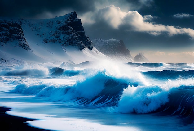 Tempestade no oceano Bela paisagem de Islandia Noruega