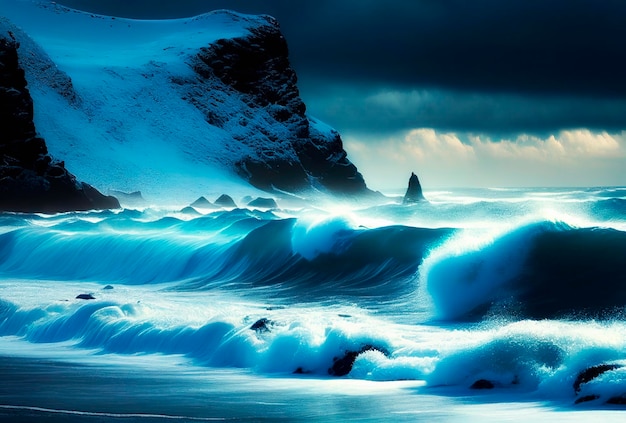 Tempestade no oceano Bela paisagem de Islandia Noruega