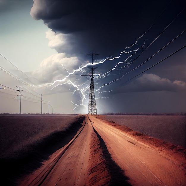 Tempestade poderosa soprando na quebra da linha de energia eólica