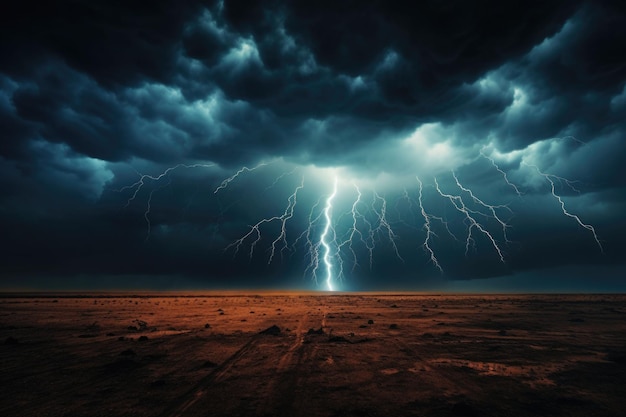 Tempestade relâmpago sobre o céu noturno Conceito sobre o tema cataclismos climáticos AI gerou ilustração