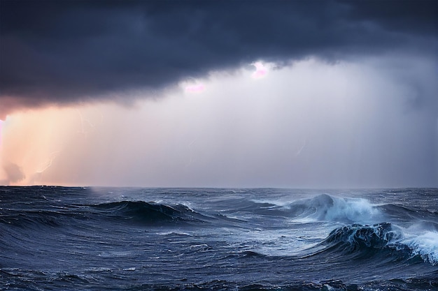 Tempestade sobre o mar com ilustração 3d de relâmpago