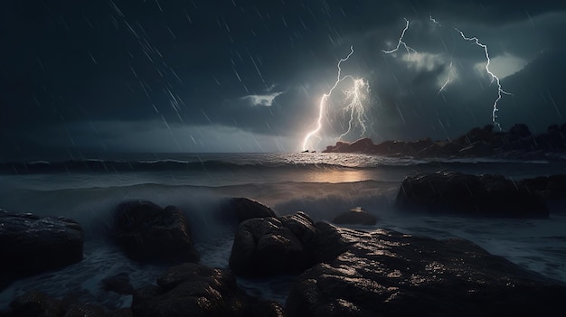 Tempestade sobre ondas de tempestade no mar com nuvens dramáticas generativas ai